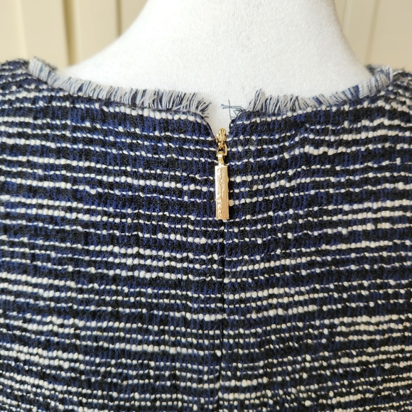 Tweed Fall Sheath Dress Navy Blue White Stripes Sleeveless Fringe Paris Size 10 - Picture 4 of 17